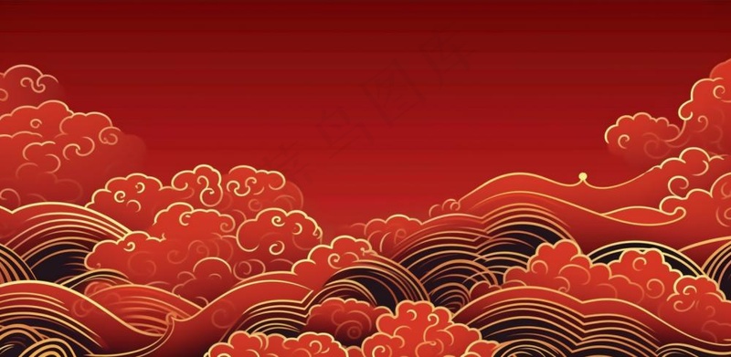 大红色复古简约古风海浪纹边角框金复古底纹背景