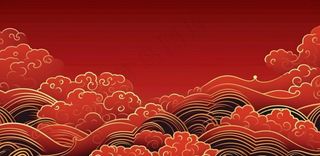 大红色复古简约古风海浪纹边角框金复古底纹背景