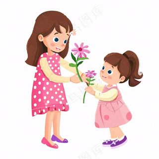 母亲节送花孩子给妈妈送花亲情人物卡通插画免抠