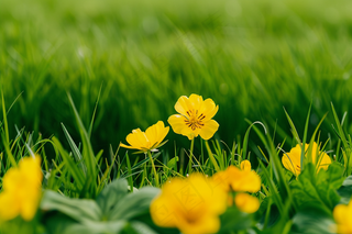 春天黄色小花朵绿色草丛摄影图