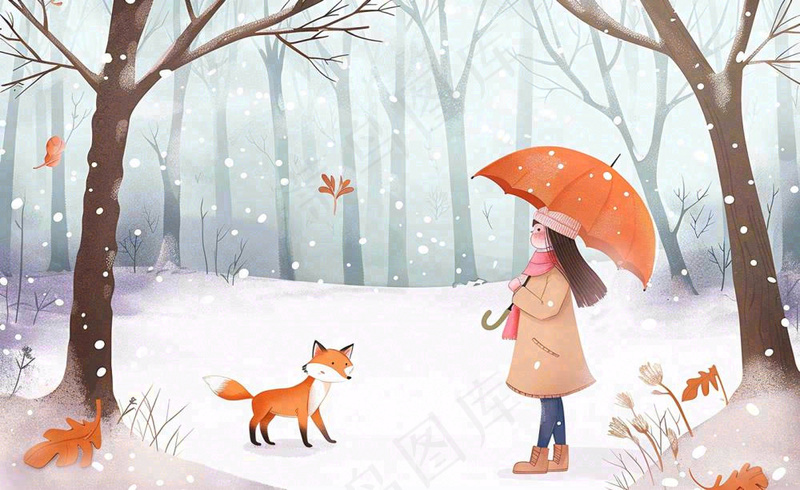秋冬森林打伞的女孩狐狸动物相遇立冬小雪大雪冬至卡通插画背景