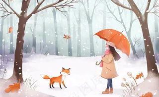 秋冬森林打伞的女孩狐狸动物相遇立冬小雪大雪冬至卡通插画背景
