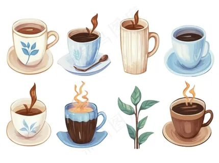 咖啡拿铁甜点下午茶水彩画手绘插画免抠