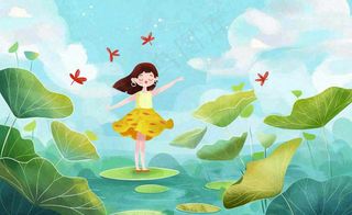 夏日清凉唯美荷花荷叶飘在水面女孩站在荷叶上卡通插画处暑夏至背景