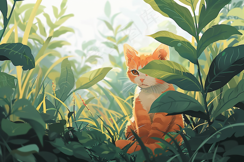 春日草丛里的猫橘猫可爱卡通插画背景