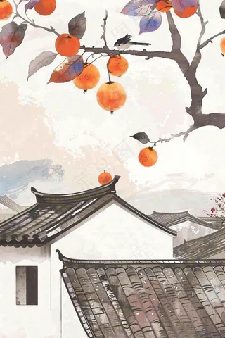 秋天婺源村庄柿子树老式建筑屋檐中国风国画水彩立秋秋分处暑背景