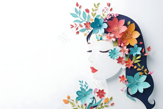剪纸风格头戴鲜花女人三八妇女节主题海报图片