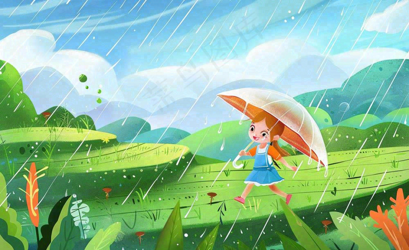 卡通女孩人物打雨伞春游踏青节气雨水谷雨春天春分绿色卡通插画背景