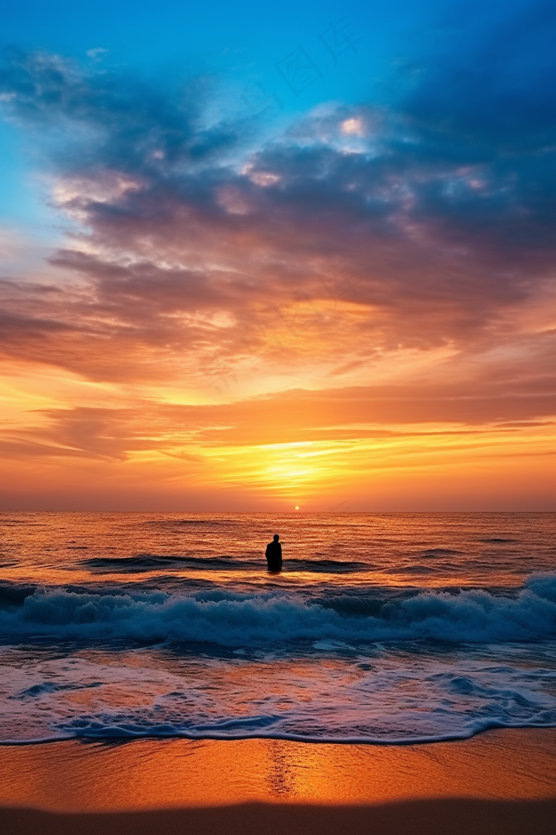 夕阳落日海洋沙滩玩耍的人晚霞美景摄影图(2688x4032)