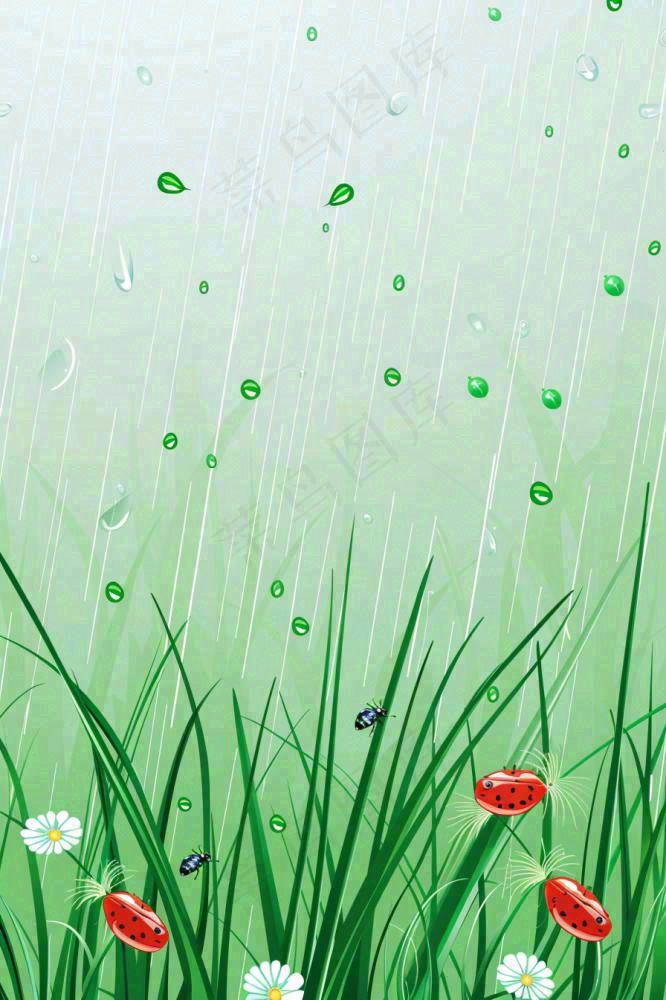 春天草丛花丛昆虫下雨天雨水惊蛰谷雨卡通插画背景(896x1344)