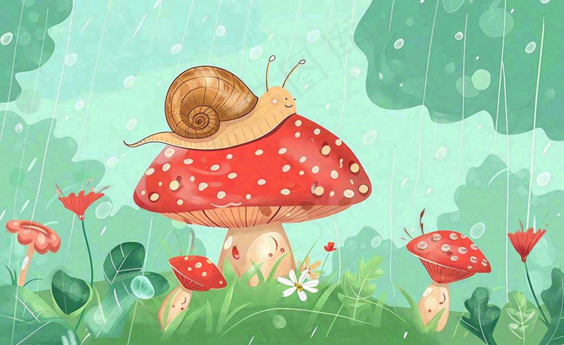 春天雨水蘑菇上的蜗牛森林惊蛰谷雨插画背景(1408x864)