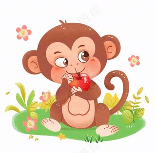 猴子吃苹果丛林植物动物卡通插画免抠