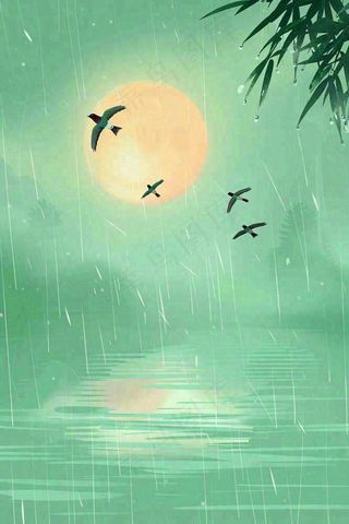 春天雨天夜晚月亮燕子山水画清冷雨水谷雨清明插画 背景