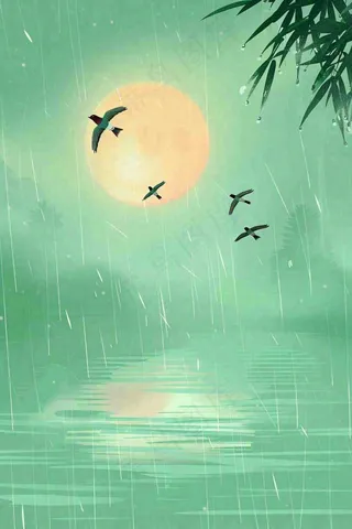 春天雨天夜晚月亮燕子山水画清冷雨水谷雨清明插画 背景