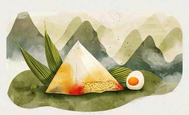 端午佳节粽子绿色青山国风插画水彩绘画背景(1392x848)