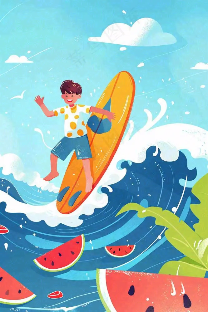 夏日炎热冲浪运动男孩西瓜清凉海鸥立夏夏至小暑大暑卡通插画背景(896x1344)