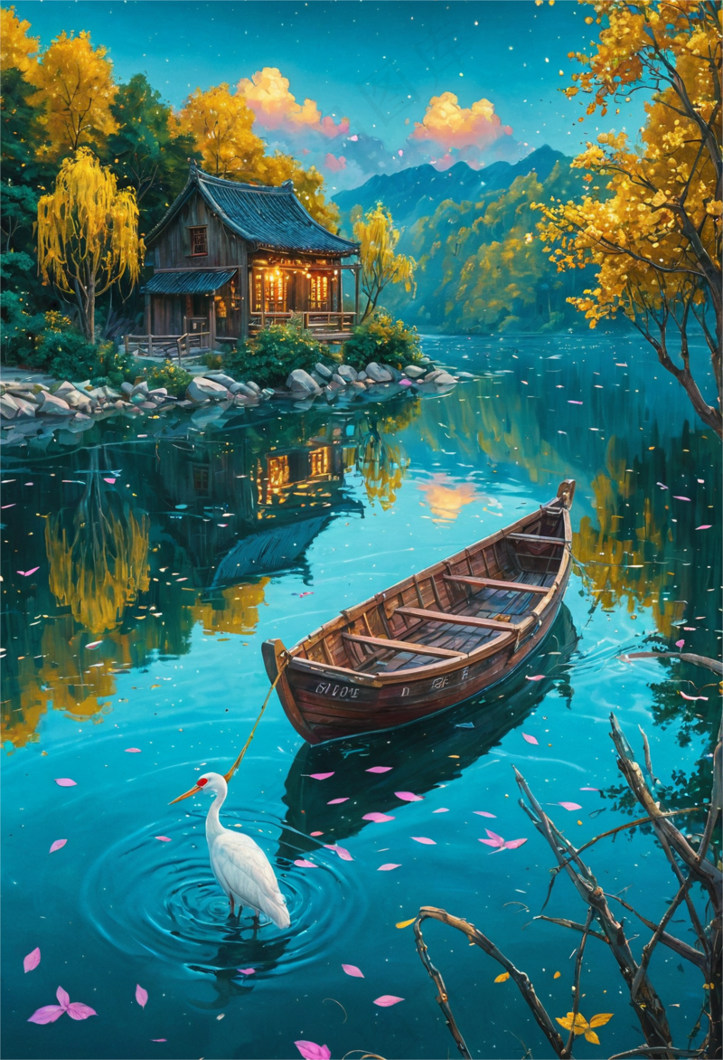 小船流水人家白鹤插画背景