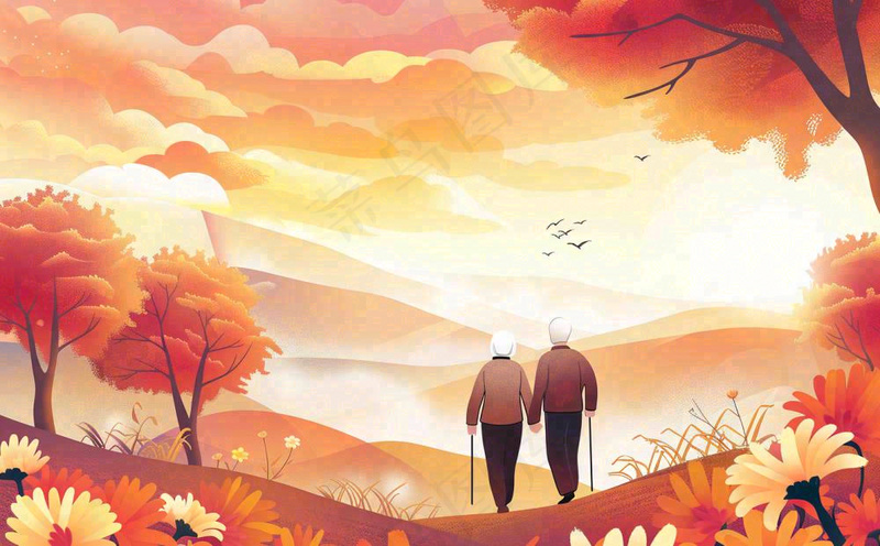 重阳节黄昏老人登高望远背影卡通插画背景(1392x864)