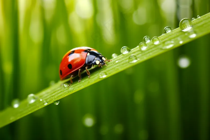 春天小草上的七星瓢虫露珠雨水立春摄影图(4032x2688)