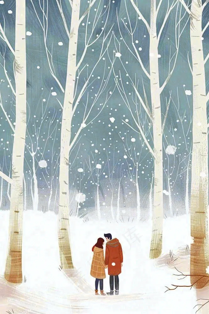 冬天森林里的情侣相拥赏雪白桦树白雪立冬小雪冬至卡通插画背景(896x1344)