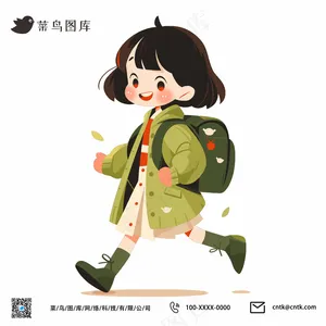手绘背书包的学生套图插画元素