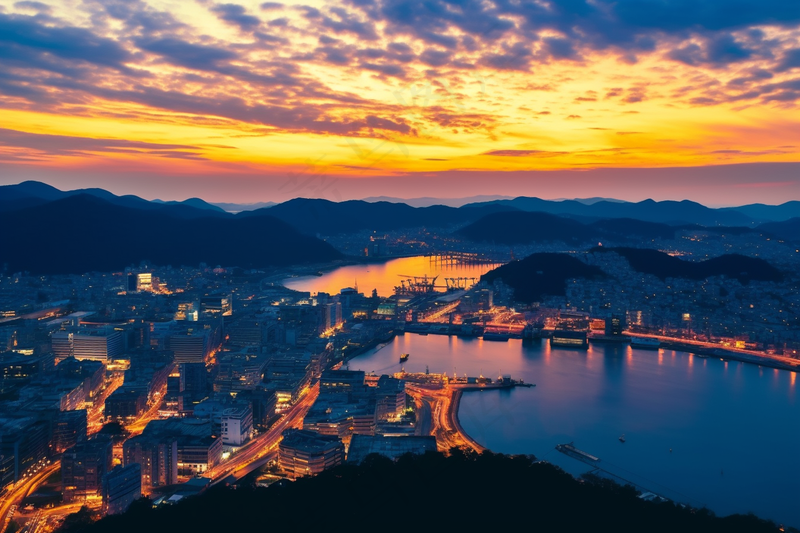 夕阳傍晚下沿海城市灯火车水马繁华龙落日余晖摄影图(4032x2688)