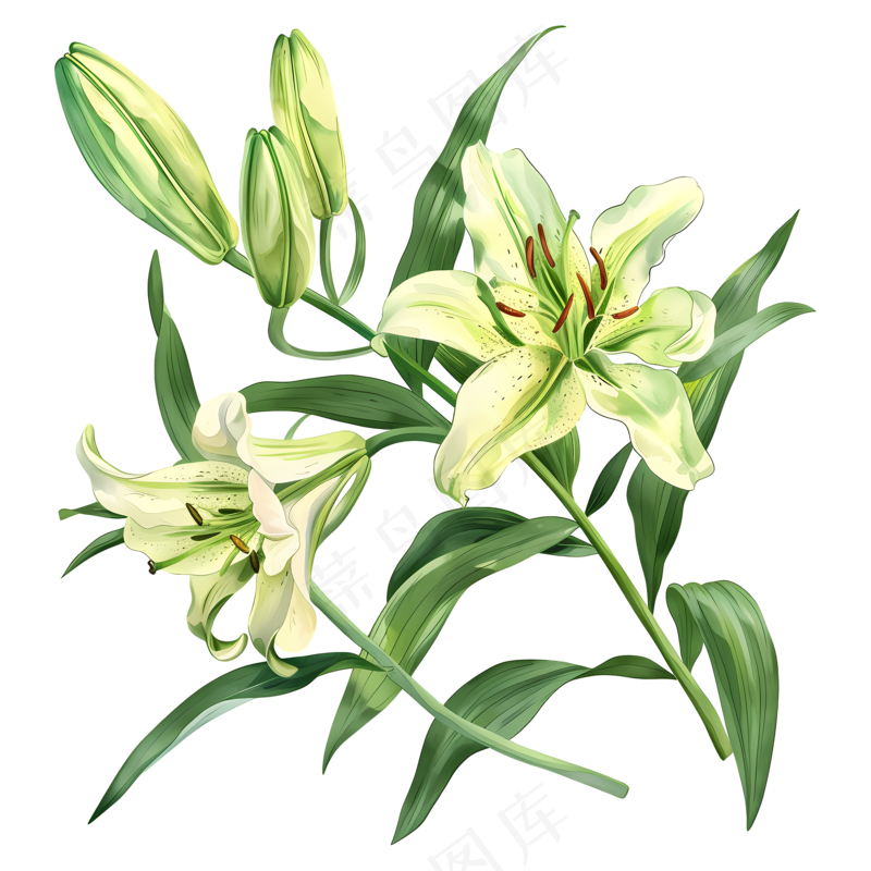 免抠绿色手绘百合花