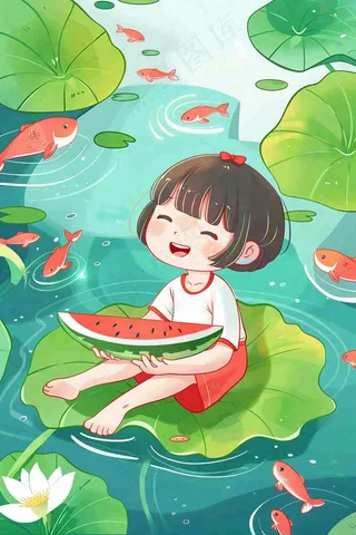 夏天荷花莲花池塘女孩吃西瓜坐着荷叶上唯美清凉立夏夏至卡通插画背景