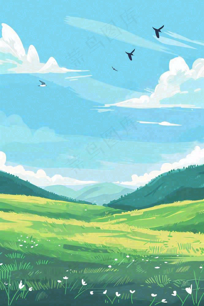 春天春暖花开草原蓝天白云燕子惊蛰春分卡通插画背景(896x1344)