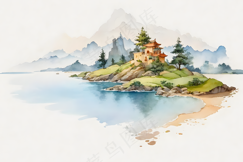 手绘风意境水墨山水风景画图片
