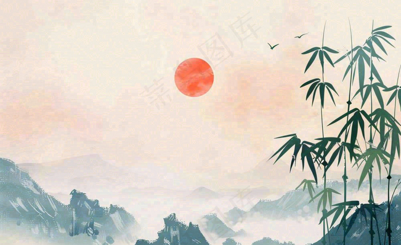 中国风古风水墨画山竹落日余晖淡雅清明端午插画背景(1408x864)
