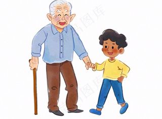孙子牵着爷爷孝敬老人陪伴亲情人物卡通插画免抠