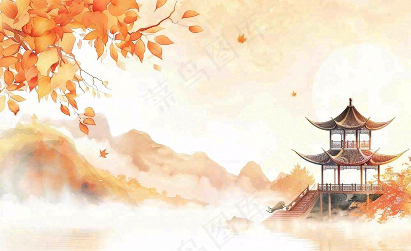 唯美古风建筑枫叶亭子秋天植物山水风景立秋处暑秋分中国风水彩手绘背景(1408x864)