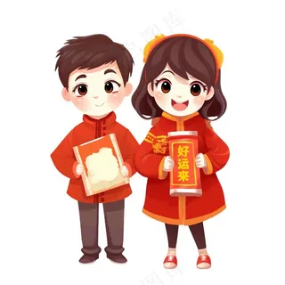 新年春节儿童红色福贴纸节日喜庆恭祝新年卡通插画免抠