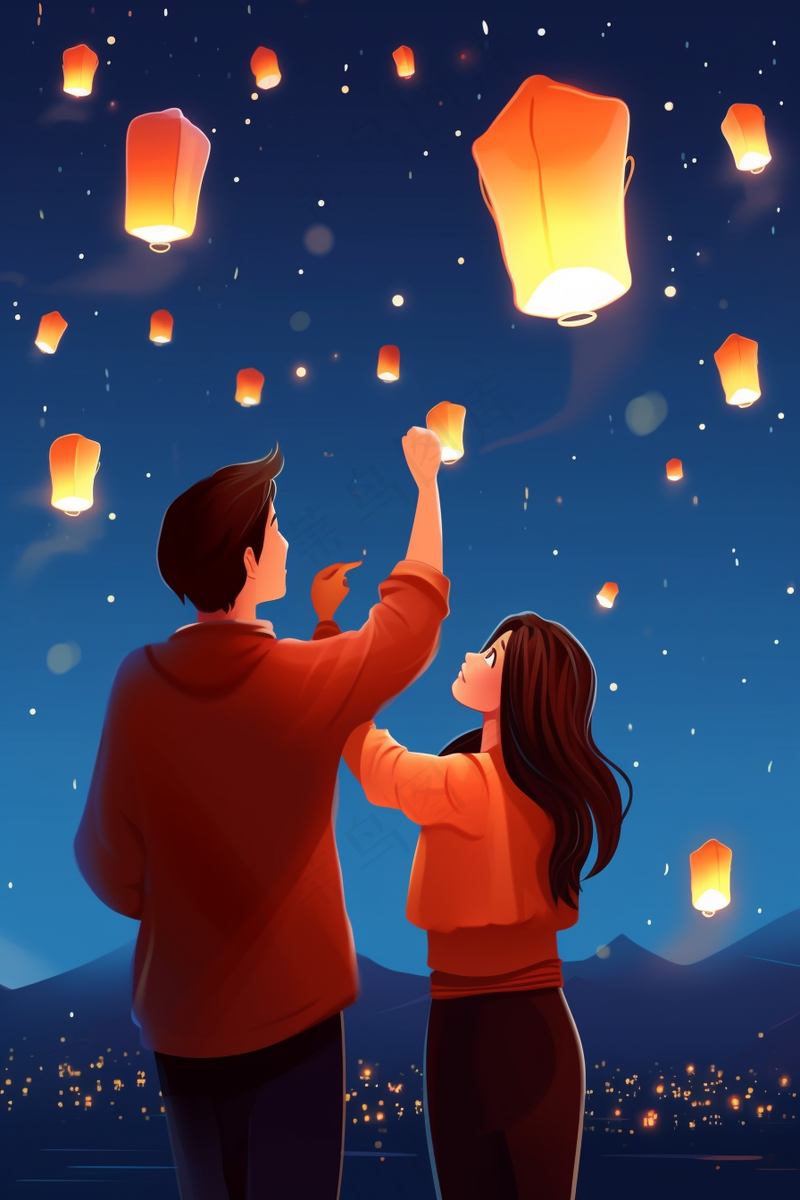 孔明灯祈福点灯情侣卡通插画背景
