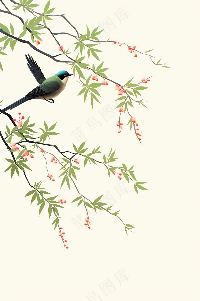 国风树枝上的小鸟静雅插画背景(2688x4032)