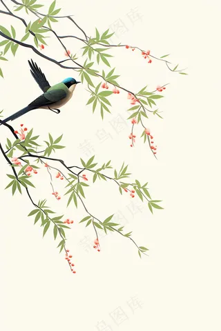 国风树枝上的小鸟静雅插画背景