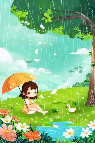 春天户外雨天打雨伞的小女孩坐着地上嬉水春游踏青唯美惊蛰雨水谷雨卡通插画背景