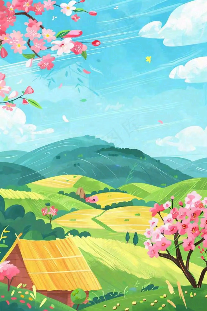 春天春游野餐桃花草丛春分惊蛰插画背景(896x1344)