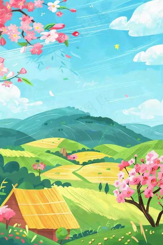春天春游野餐桃花草丛春分惊蛰插画背景