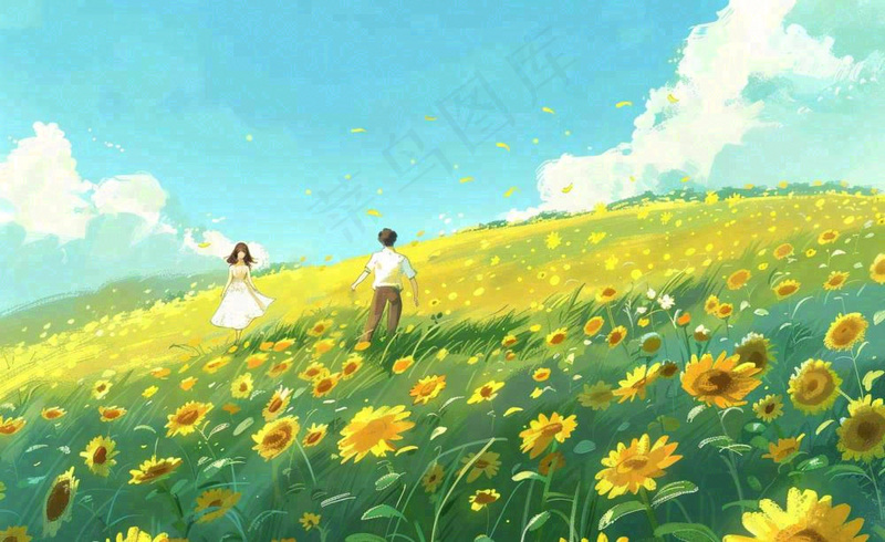 向日葵花海里的情侣恋人浪漫蓝天白云立夏夏至情人卡通插画背景(1408x864)