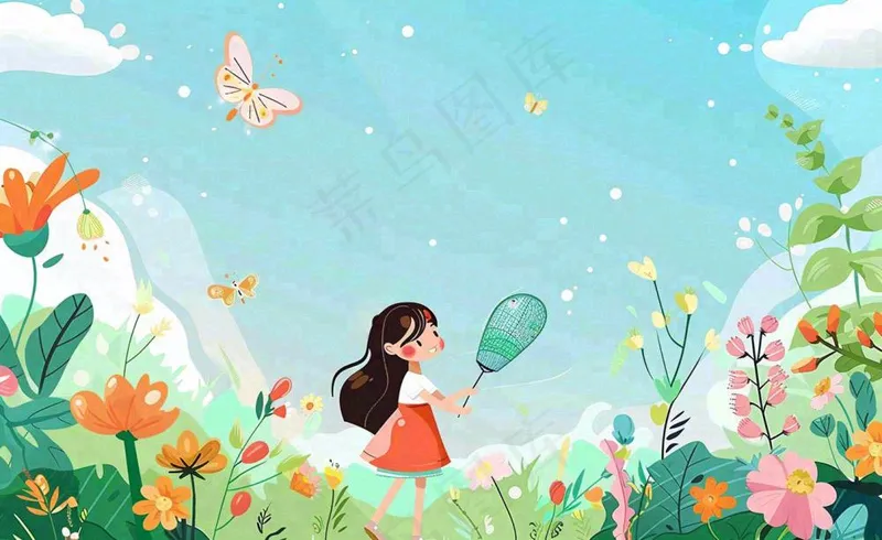 春天女孩在花丛里扑蝴蝶玩耍儿童节踏青春分插画背景(1408x864)