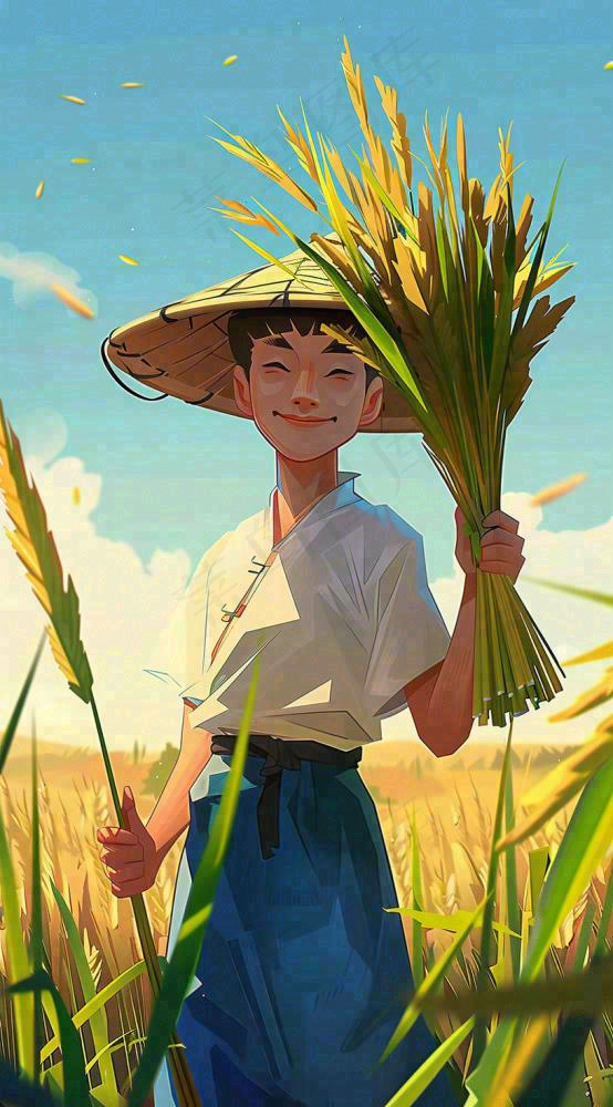 农民抱着一束水稻稻穗农田小满芒种插画背景(816x1472)