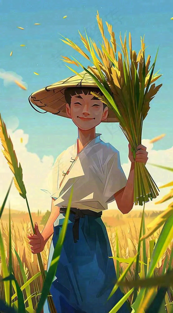 农民抱着一束水稻稻穗农田小满芒种插画背景(816x1472)