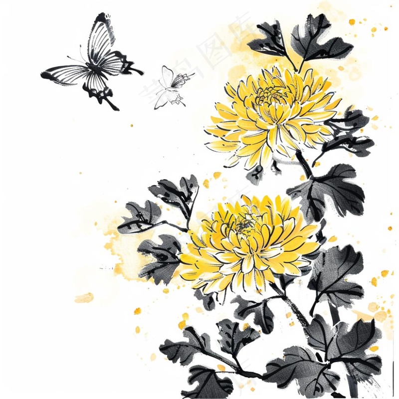 水墨菊花蝴蝶清明中秋插画免抠(1024x1024)