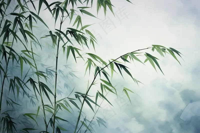 竹子竹叶水墨风中国风水彩画背景(4032x2688)