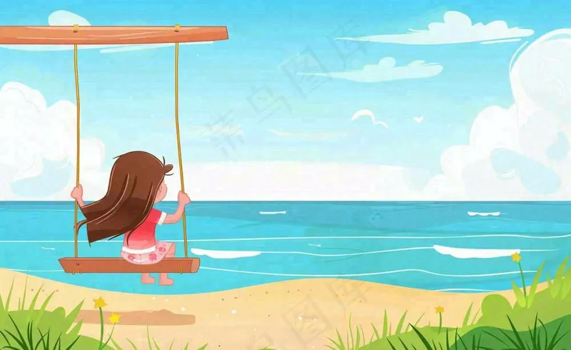 夏天海边风景大海沙滩蓝天白云立夏夏至大暑小暑唯美插画背景(1408x864)