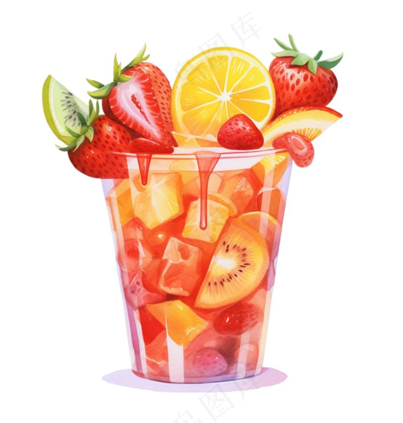 水果茶饮料草莓菠萝橙子柠檬水彩插画免抠(1024x1072)