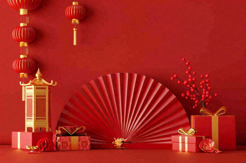 红金创意喜庆新年扇子鼓灯笼C4D展台背景新年春节小年电商背景