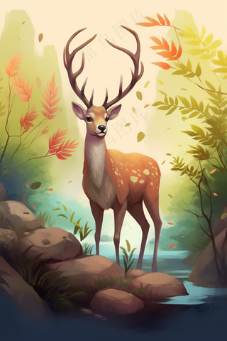 山野里的麋鹿梅花鹿卡通插画背景